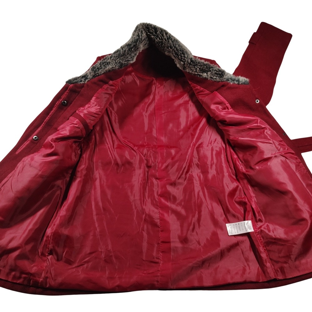 DTSARF Womens Red Wool Blend Belted Trench Coat Faux Fur Collar Burgundy 9400863 - Picture 8 of 11
